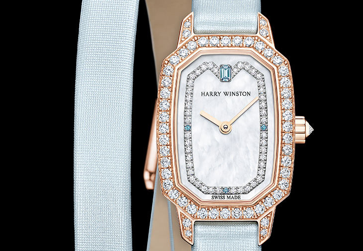 Harry Winston海瑞溫斯頓印記Emerald系列海水藍寶腕錶，藍色緞面雙圈錶帶