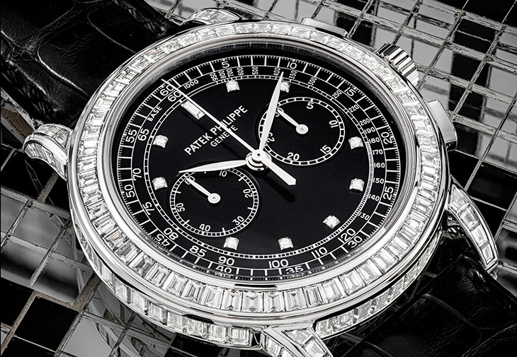 百達翡麗18k白金鑲長方形鑽石計時腕錶