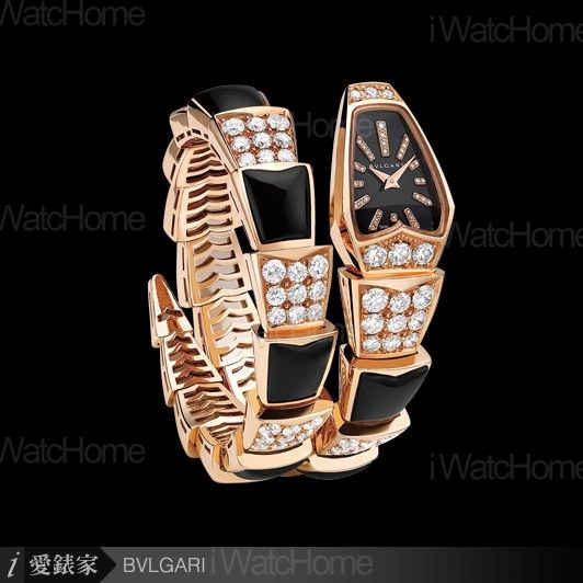 Serpenti玫瑰金黑瑪瑙鑲鑽鐲錶