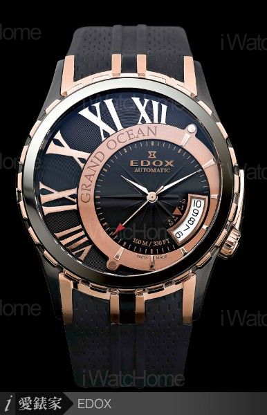 EDOX Grand Ocean偏心日曆自動錶玫瑰金鍍黑雙色款