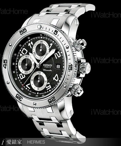 HERMES Clipper潛水機械計時碼錶精鋼鍊帶黑面盤款